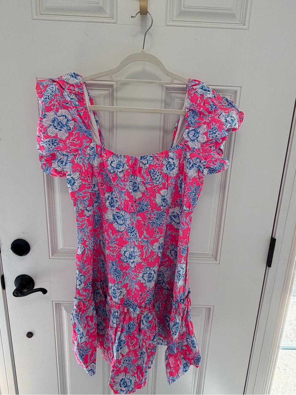 Lilly Pulitzer Pink Floral Puff-Sleeve Mini Dress with Blue Accents - Picture 6 of 6
